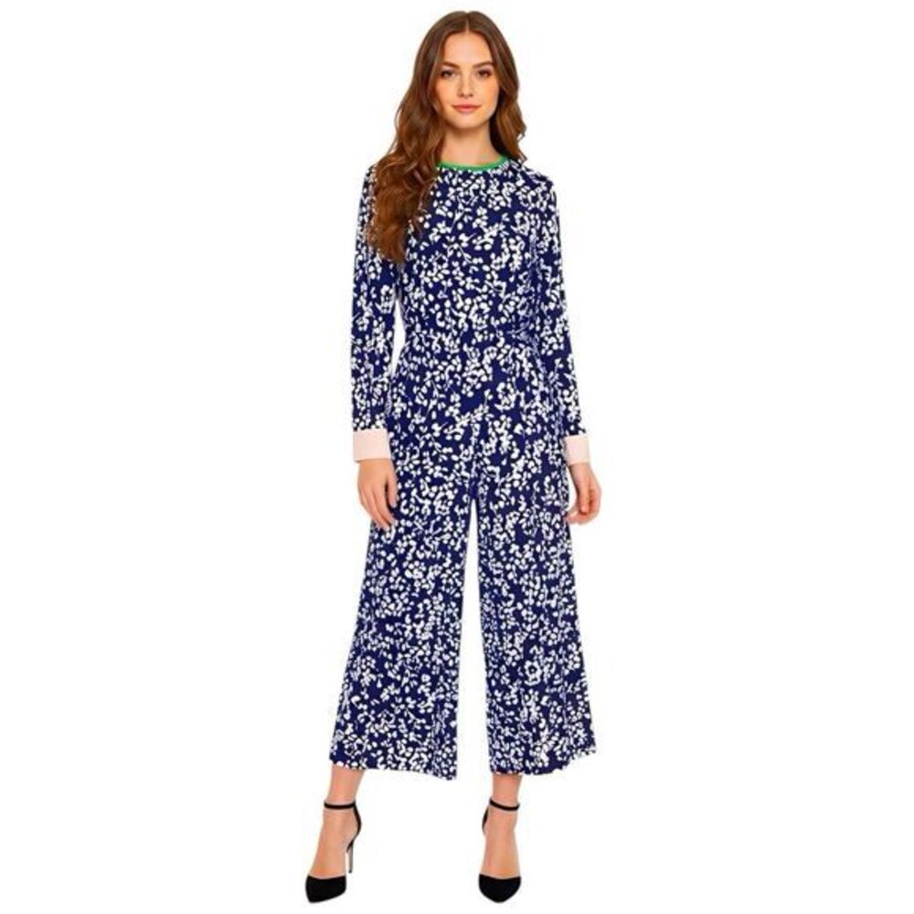 ELIZA J Jumpsuit Pants Sz 4 Navy Floral Retro Preppy Bohemian Y2K 90s Career